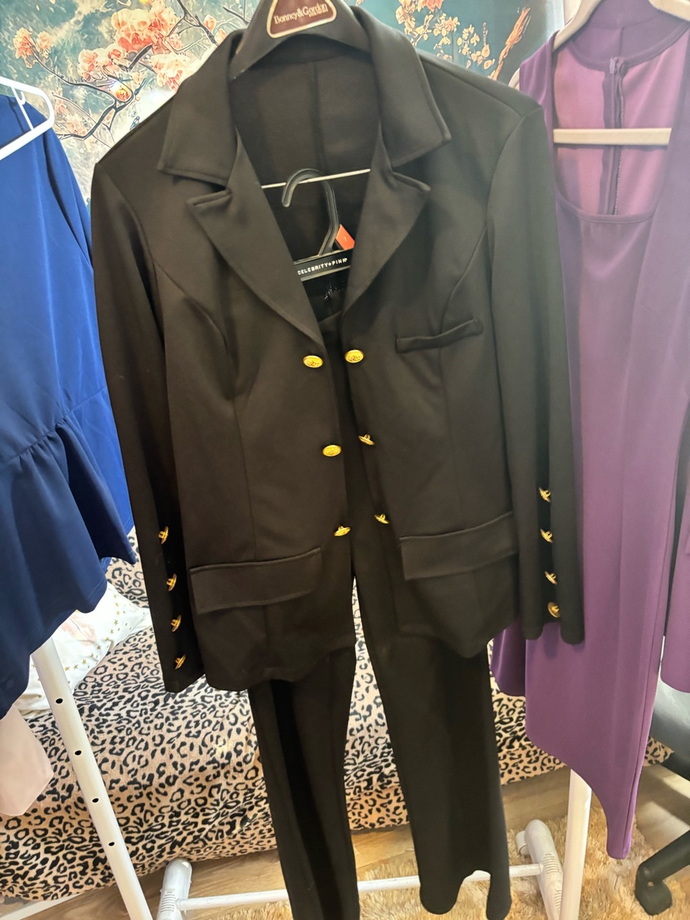 Black Womens Two-Piece Blazer and dress pants  Set with Gold Buttons